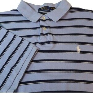 Polo Ralph Lauren Men Golf Polo Shirt 2XLarge Blue & White Striped Cotton Pony